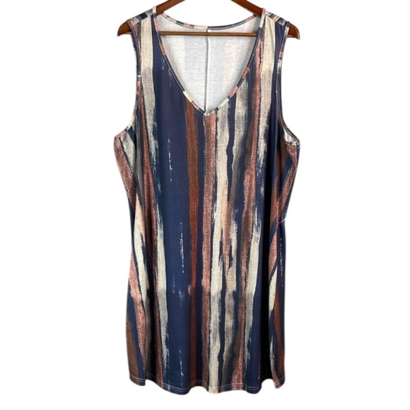 Amazon V-Neck Striped Sleeveless Dress Blue Grey Rust Coverup Resort Dress 1X - Picture 2 of 10